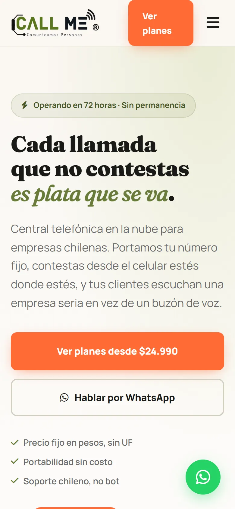 Inicio de callme.cl en el celular, con los botones Ver planes y Hablar por WhatsApp