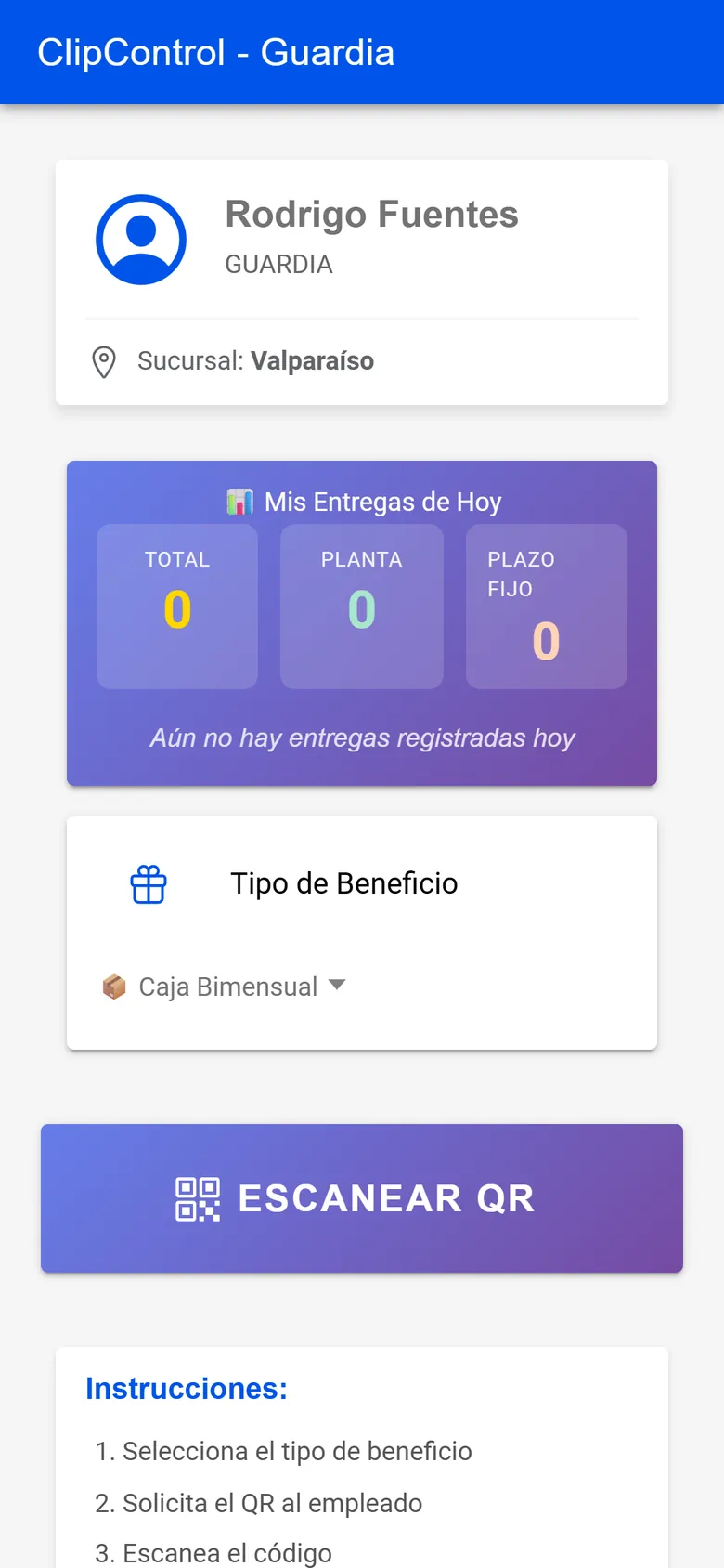 App del guardia: inicio con las entregas del día y el botón Escanear QR