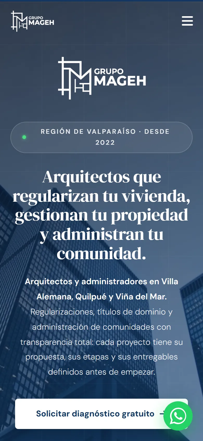 Inicio de mageh.cl en el celular, con el botón Solicitar diagnóstico gratuito